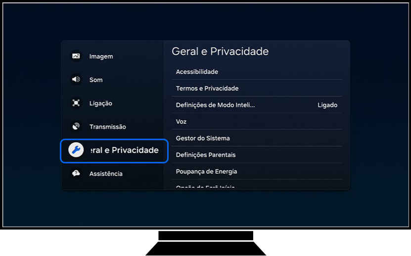 Uma TV Samsung mostra as opções de Todas as Definições.