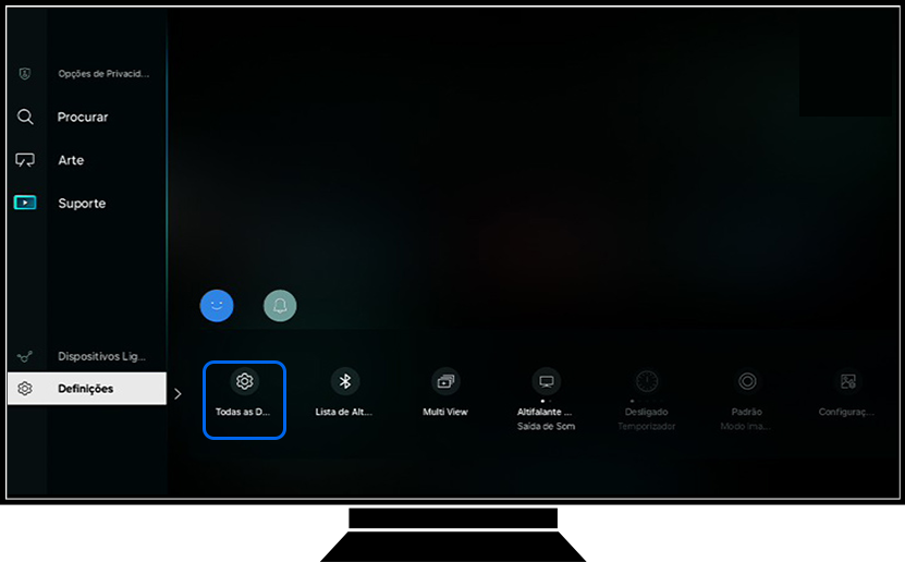Uma TV Samsung mostra as opções de Definições.