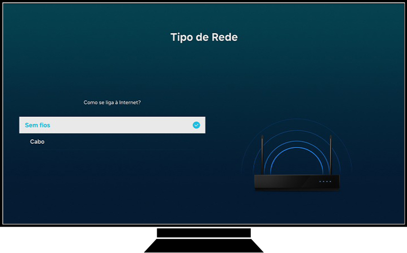 Uma TV Samsung mostra a tela de seleção do tipo de Rede.