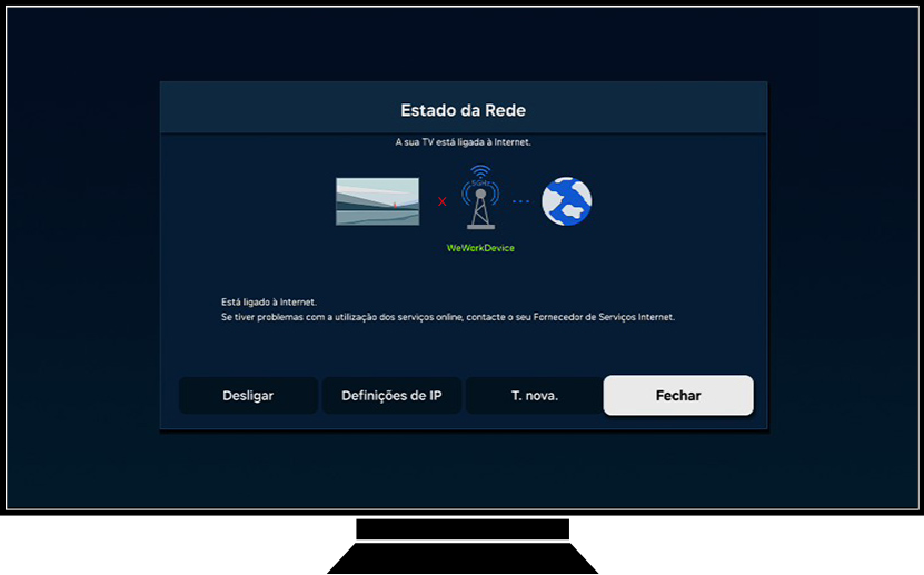 Uma TV Samsung mostra a área de estado da rede.