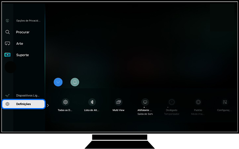 Uma TV Samsung mostra a página principal da seção de menu.