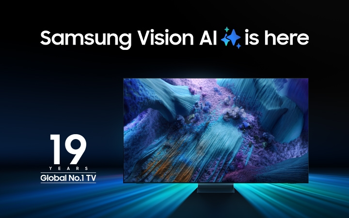 Televisão Samsung com um design metálico brilhante apresentado. O logótipo indica que a Samsung está classificada como a marca de televisores número 1 a nível mundial há 19 anos. A Samsung Vision AI está aqui com uma dica visual brilhante.