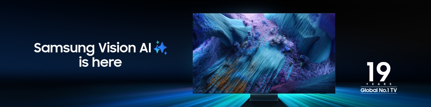 Televisão Samsung com um design metálico brilhante apresentado. O logótipo indica que a Samsung está classificada como a marca de televisores número 1 a nível mundial há 19 anos. A Samsung Vision AI está aqui com uma dica visual brilhante.