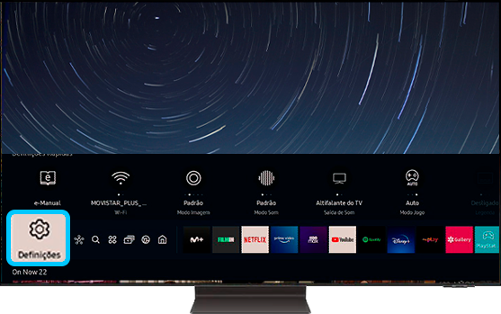 Menu de Definições exibido na TV