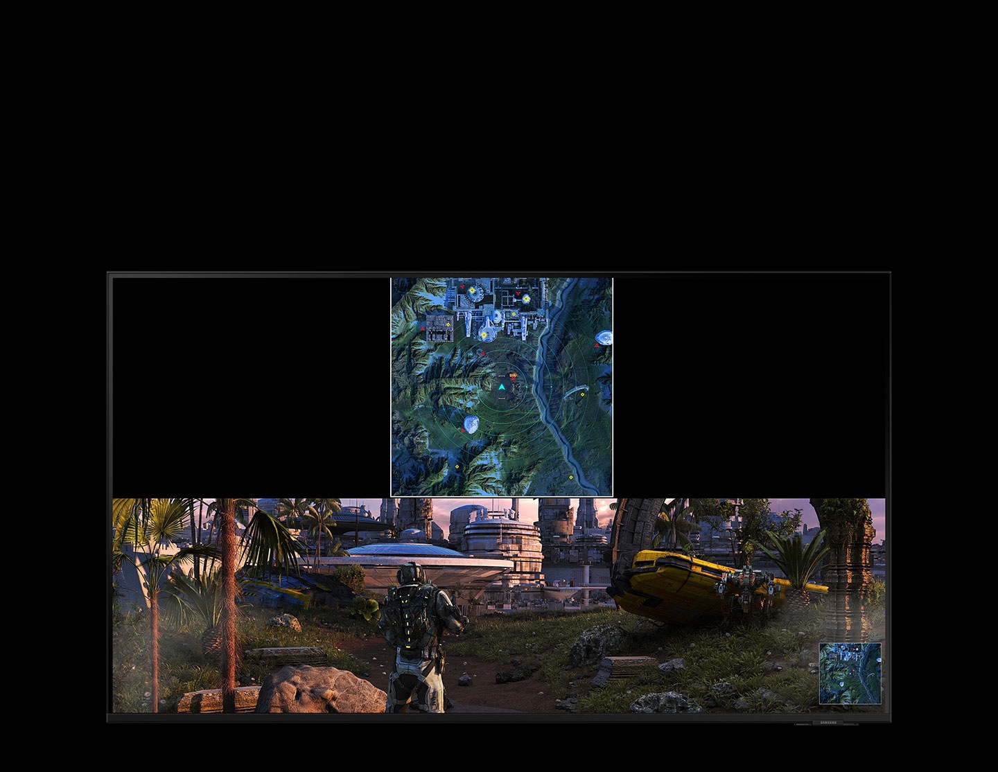 Bepaalde iconen op de Game Bar worden benadrukt, zoals 'Input Lag Fastest', 'Game Picture FPS', 'Screen Ratio 16:9'. De beeldverhouding verandert van 21:9 naar 32:9 en het beeld zoomt uit, zodat de speler beter zicht heeft op zijn tegenstanders. Als de Minimap Zoom aanstaat, verschijnt er een minikaart op het scherm. 'Sound Output TV Speaker', 'Help Guide' en 'Game Settings' zijn ook iconen op de Game Bar. The FPS schakelt van 144 naar 120 bij aanpassing van de beeldverhouding. HDR On, VRR FreeSync Premium Pro worden aan de onderkant weergegeven.