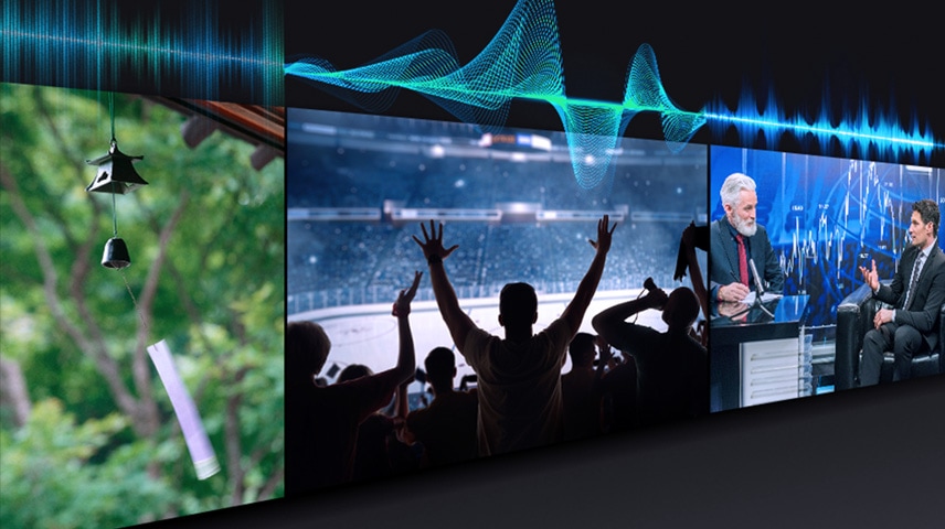 Três televisões a reproduzir o áudio de forma diferente, indicada por barras de áudio acima das TVs, otimizados para o tipo de conteúdo que está a ser reproduzido.