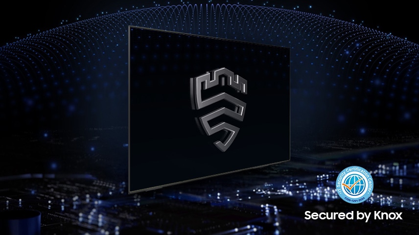 Logótipo de segurança Samsung Knox num ecrã de televisão. Protegido pelo logótipo Knox.