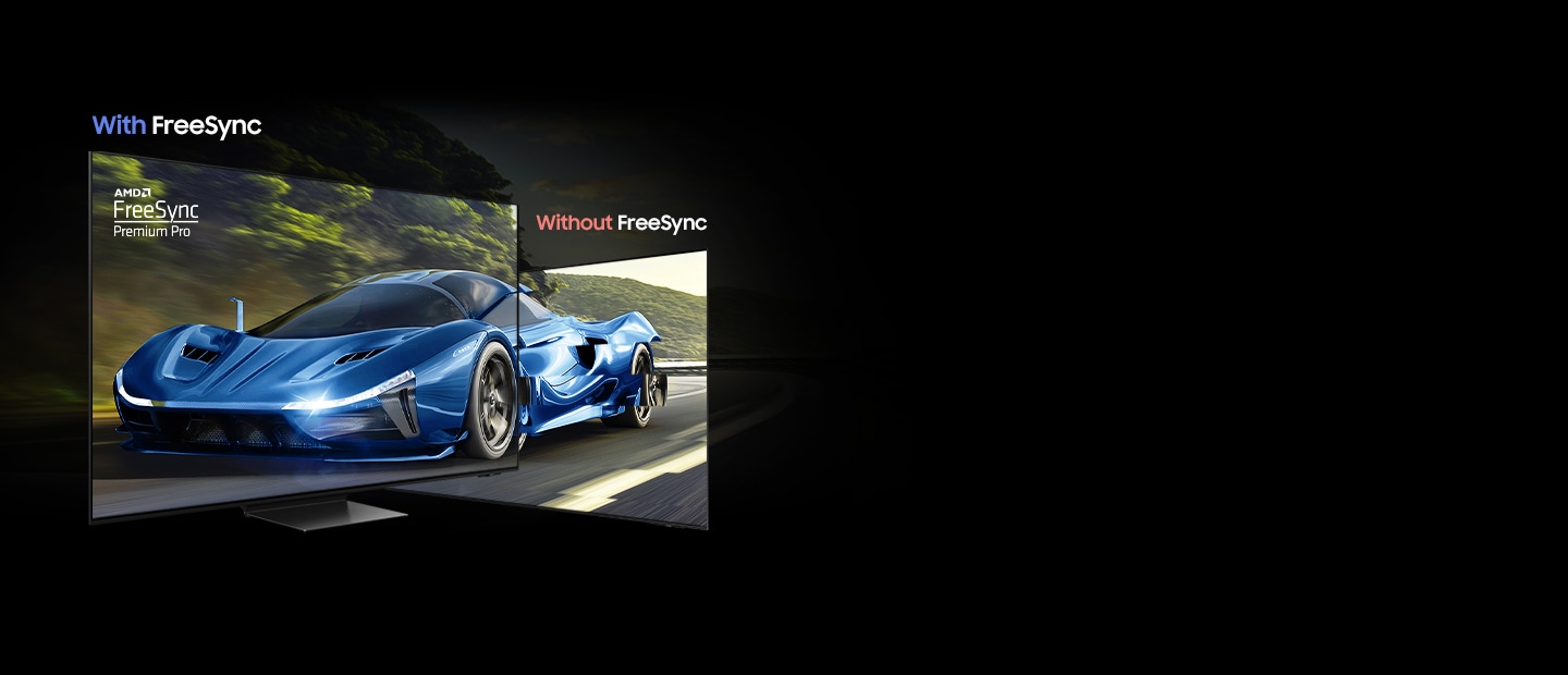 Uma TV com AMD FreeSync Premium Pro com uma cena fluida de um carro de corrida. Sem FreeSync, a mesma cena apresenta distorções na imagem.