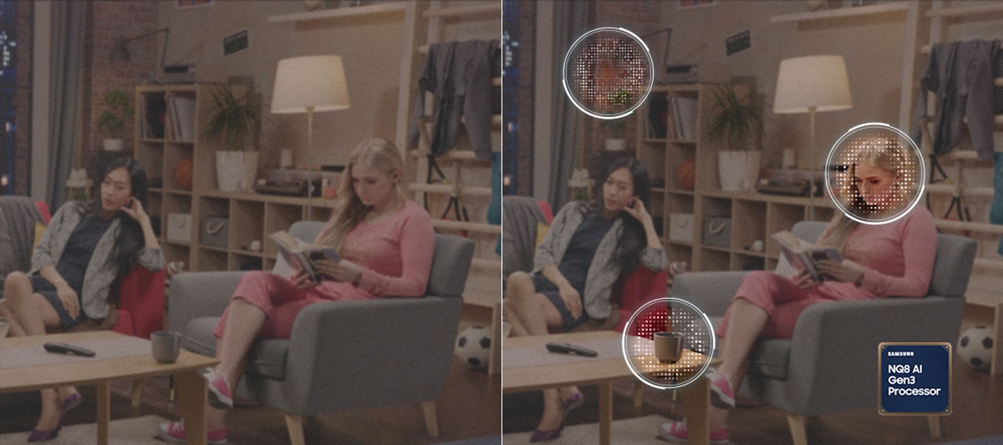 AI Upscaling com o processador NQ8 AI Gen3 da Samsung optimiza os detalhes de um lado de uma cena. À medida que o lado menos nítido desaparece, todo o cenário é optimizado para maior nitidez.