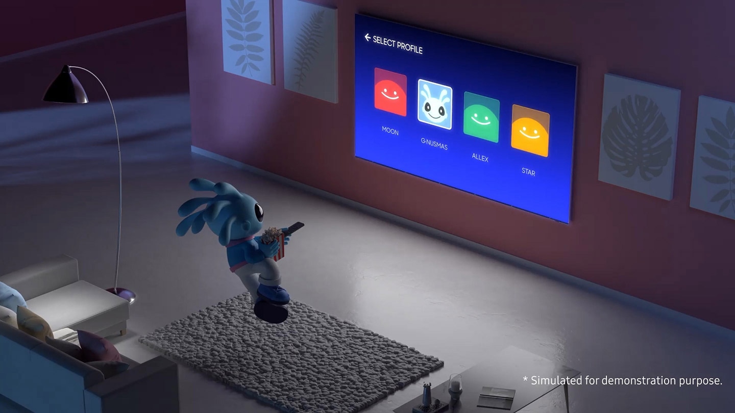 Simulado para fins de demonstração. Limitado a determinados códigos PIN ou palavras-passe. A personagem animada G-nusmas seleciona o seu perfil na TV Samsung e introduz o seu PIN. As suas palavras-passe e dados? Não se preocupe!!! Estão protegidos por segurança multi-camadas. Suporta proteção e encriptação de dados apenas quando os dispositivos estão ligados à TV Samsung através do SmartThings. A TV com o logótipo Knox Security está conectada a dispositivos como o frigorífico, o aspirador robô, o forno, o ar condicionado e a máquina de lavar para mostrar a segurança da casa inteligente. Suporta proteção e encriptação de dados apenas quando os dispositivos estão conectados à TV Samsung através do SmartThings. O bloqueador de sites de phishing protege a sua informação de login. O Samsung Knox Security está ativo durante todo o dia e é atualizado regularmente. A atualização do software de segurança é garantida durante pelo menos três anos a partir do lançamento do produto. É necessária a atualização de software mais recente. As TVs Samsung são protegidas pelo Samsung Knox!