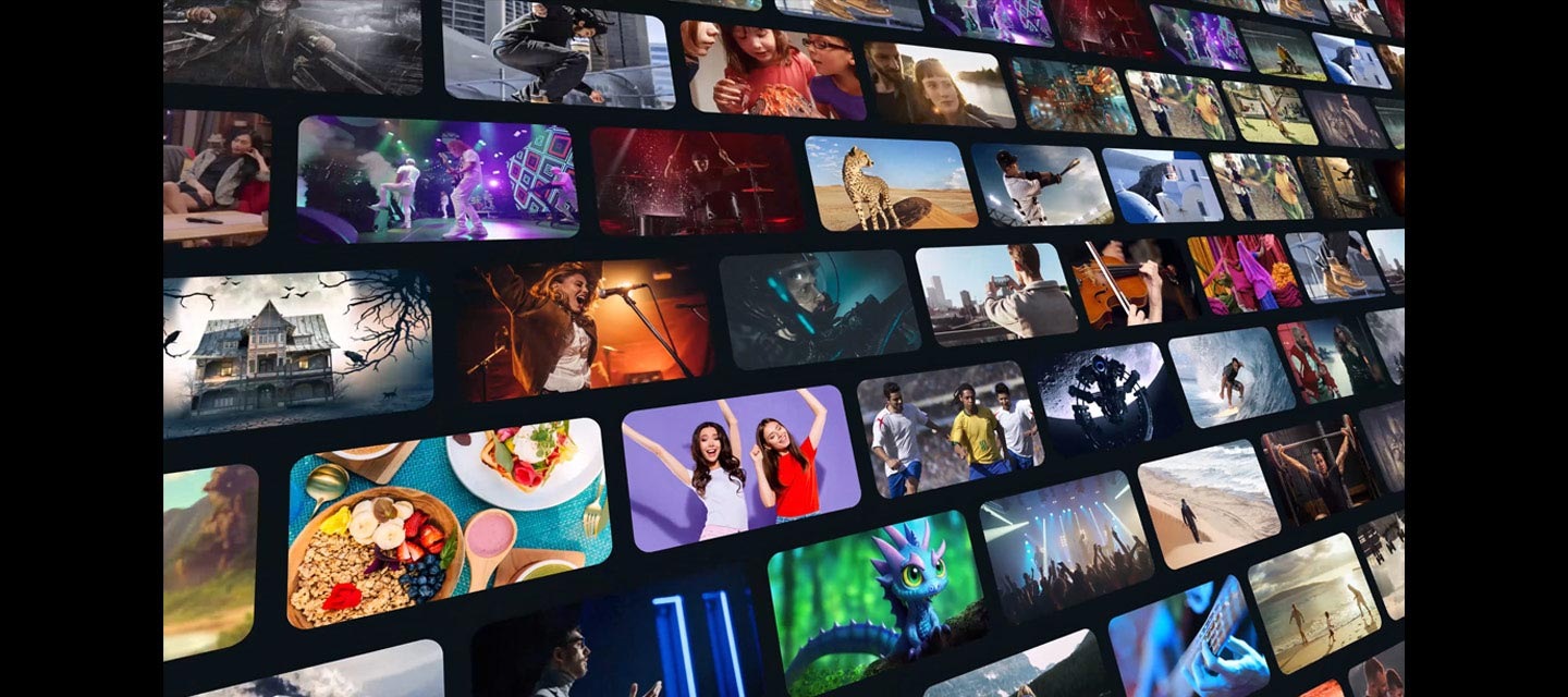 São apresentados vários painéis com diferentes opções de streaming. De repente, a vista faz zoom através dos painéis para chegar às palavras Conteúdos gratuitos sem fim. As palavras Samsung Tizen OS aparecem num formato estilizado colorido, seguidas de várias cenas de vídeo a piscar sobre a palavra Tizen. De seguida, as palavras Conteúdo gratuitos sem fim aparecem mais uma vez. Por fim, as palavras melhor o seu  entretenimento aparecem no ecrã, juntamente com vários ecrãs com cenas de diferentes programas e filmes, acompanhadas de palavras como drama, música e filme.