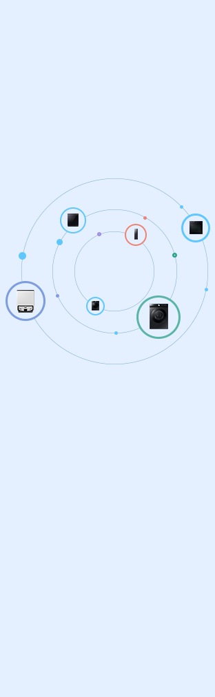 Uma máquina de Lavar Loiça Bespoke, um Frigorífico Bespoke, uma Placa Bespoke, uma Máquina de Lavar a Roupa Bespoke e um Robô de Limpeza Bespoke estão instalados numa divisão com luz solar, todos ligados ao SmartThings.