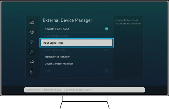 Prima Sinal de entrada expandido na TV Samsung.
