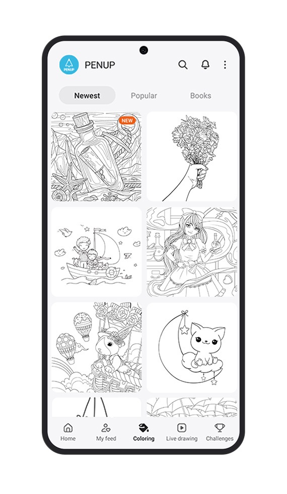 La pantalla de la aplicación PENUP muestra seis dibujos para colorear.