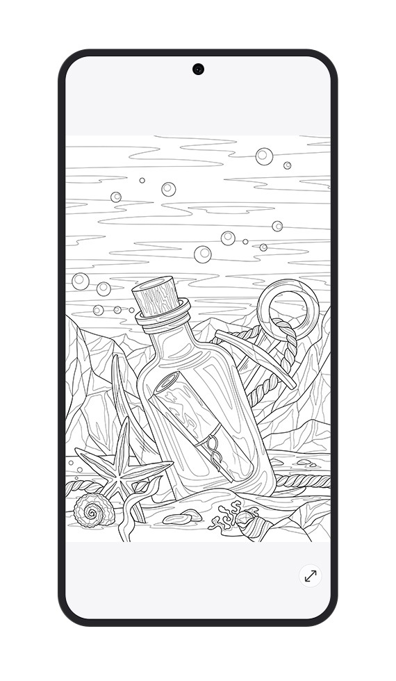 La aplicación PENUP muestra un dibujo de una nota para colorear envuelta en una botella que yace en el fondo del océano.