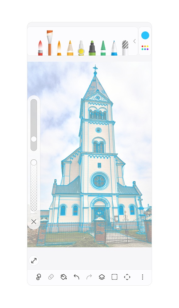 La imagen de una iglesia aparece en azul en la interfaz de edición de la aplicación PENUP. El proceso de edición implica modificaciones en capas sobre la imagen de la iglesia. En la parte superior de la pantalla se muestra un menú flotante que muestra una variedad de opciones de pluma en diferentes colores.
