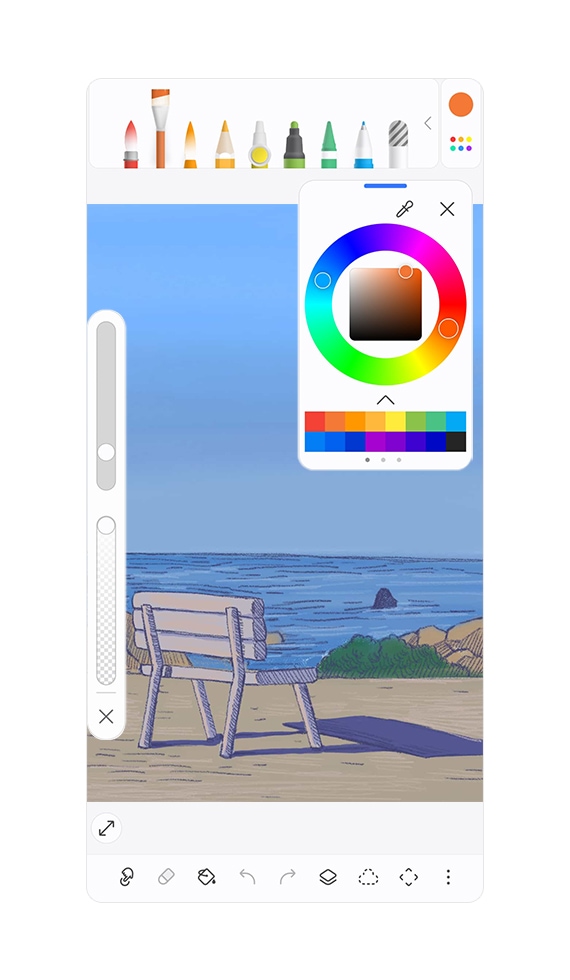 La tercera pantalla ilustra una escena con un banco junto al mar, con opciones de color y pincel flotando en la parte superior.