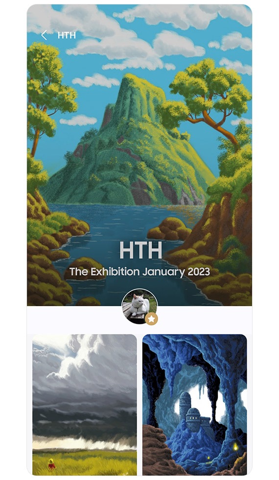 En la pantalla del teléfono inteligente, se muestran tres ilustraciones creadas por HTH. Acompañando el material gráfico se encuentra el texto HTH The Exhibition enero de 2023.