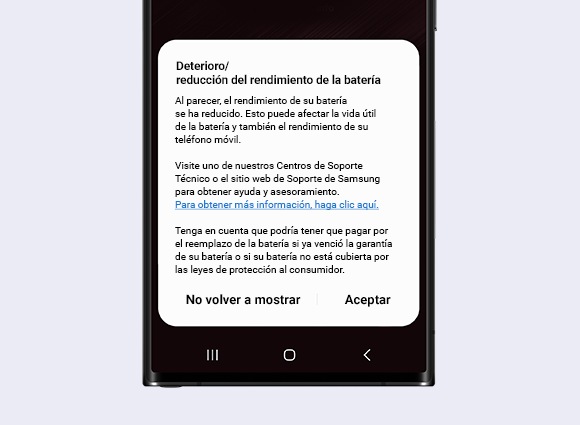 Mensaje de alerta relacionado con el uso de la batería
