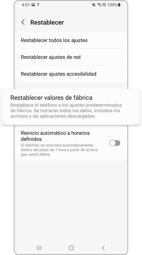 Seleccione Restablecer datos de fábrica