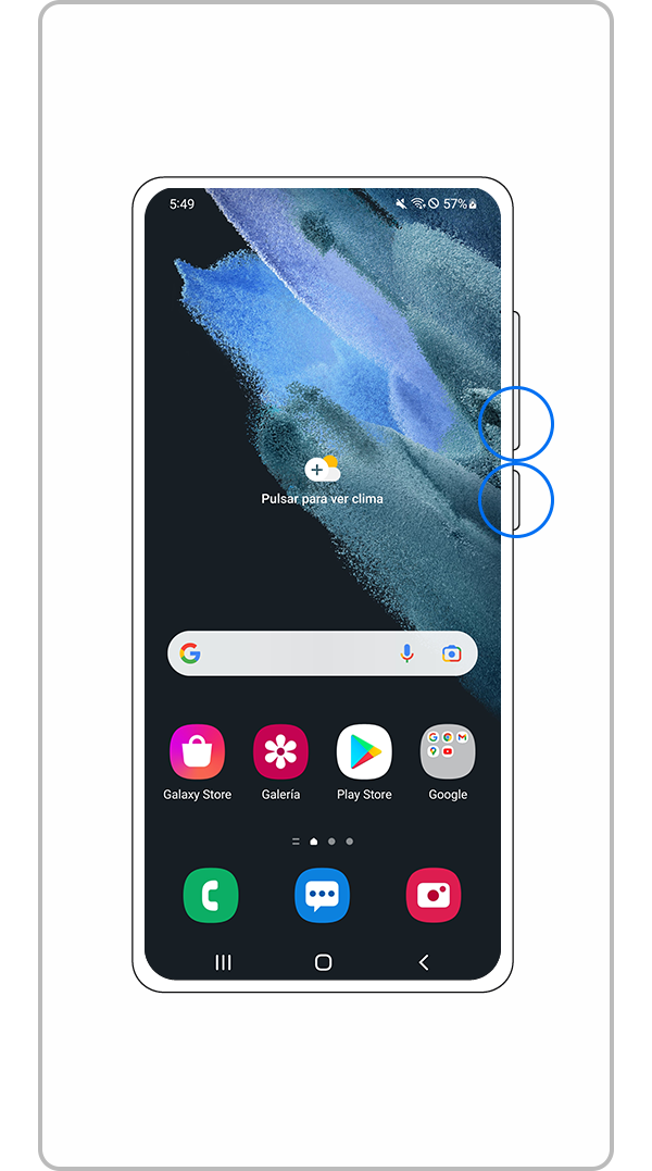 Mantenga presionada la tecla para bajar el volumen y la tecla lateral