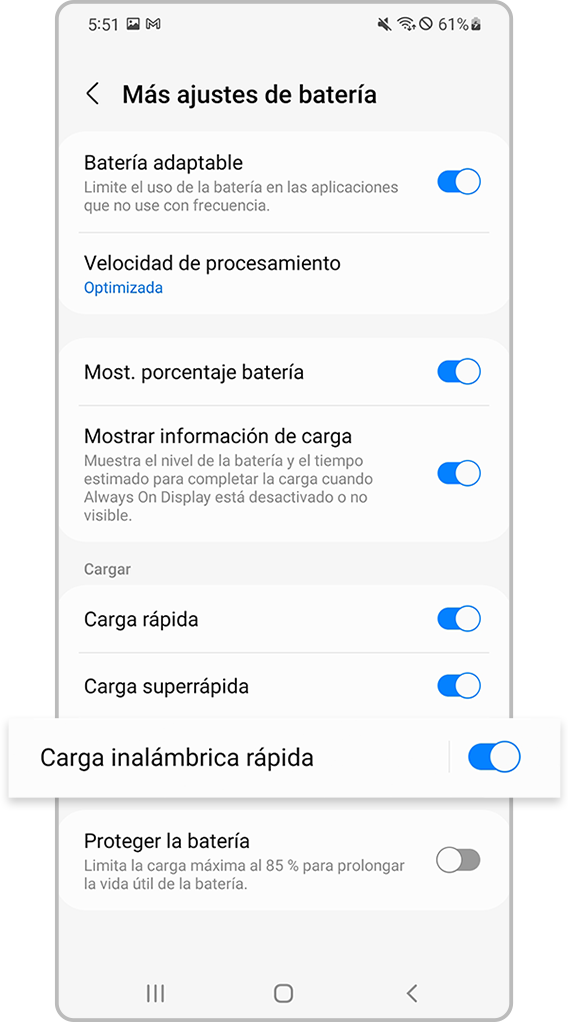 habilitar la configuración de carga rápida