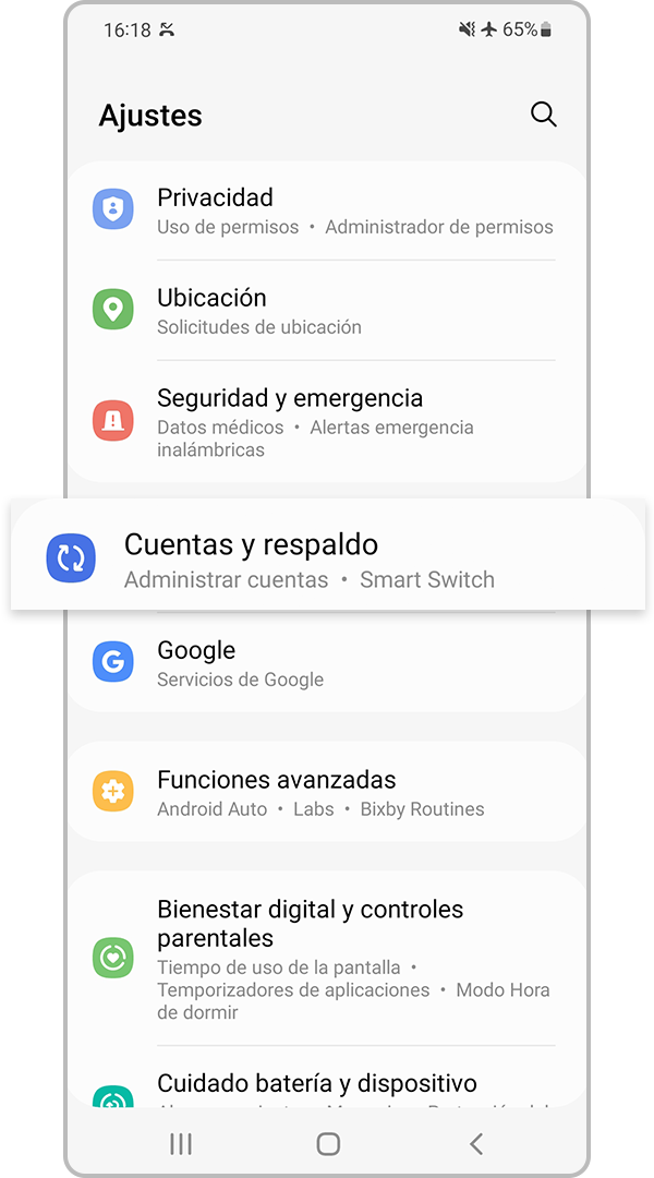 cuentas y copia de seguridad en la configuración