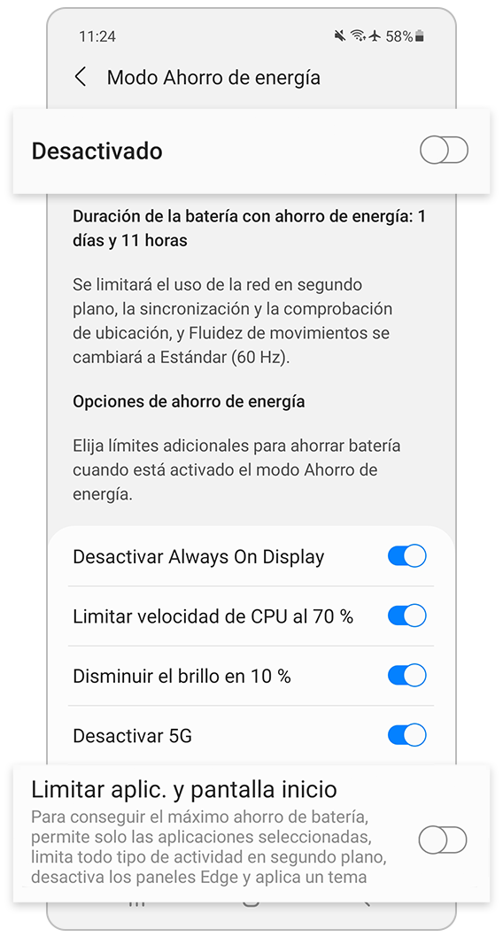 El modo de ahorro de energía limita las aplicaciones y la pantalla de inicio