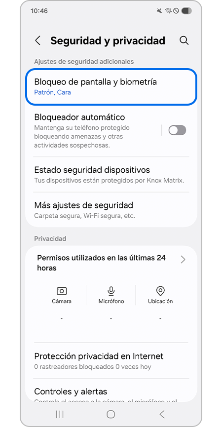 Seleccionar el menú Bloqueo de pantalla y biometría