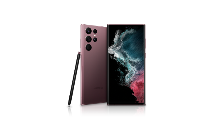 Vedere din spate și din față a unui smatphone Galaxy S22 Ultra.