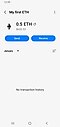 4 capturi de ecran simulate cu interfața grafică a aplicației Samsung Blockchain Wallet prezintă fiecare etapă a procesului de trimitere și primire.
