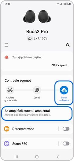 Ecran de smartphone cu pictograma Sunet ambiental și opțiunea Amplificare sunet ambiental selectată