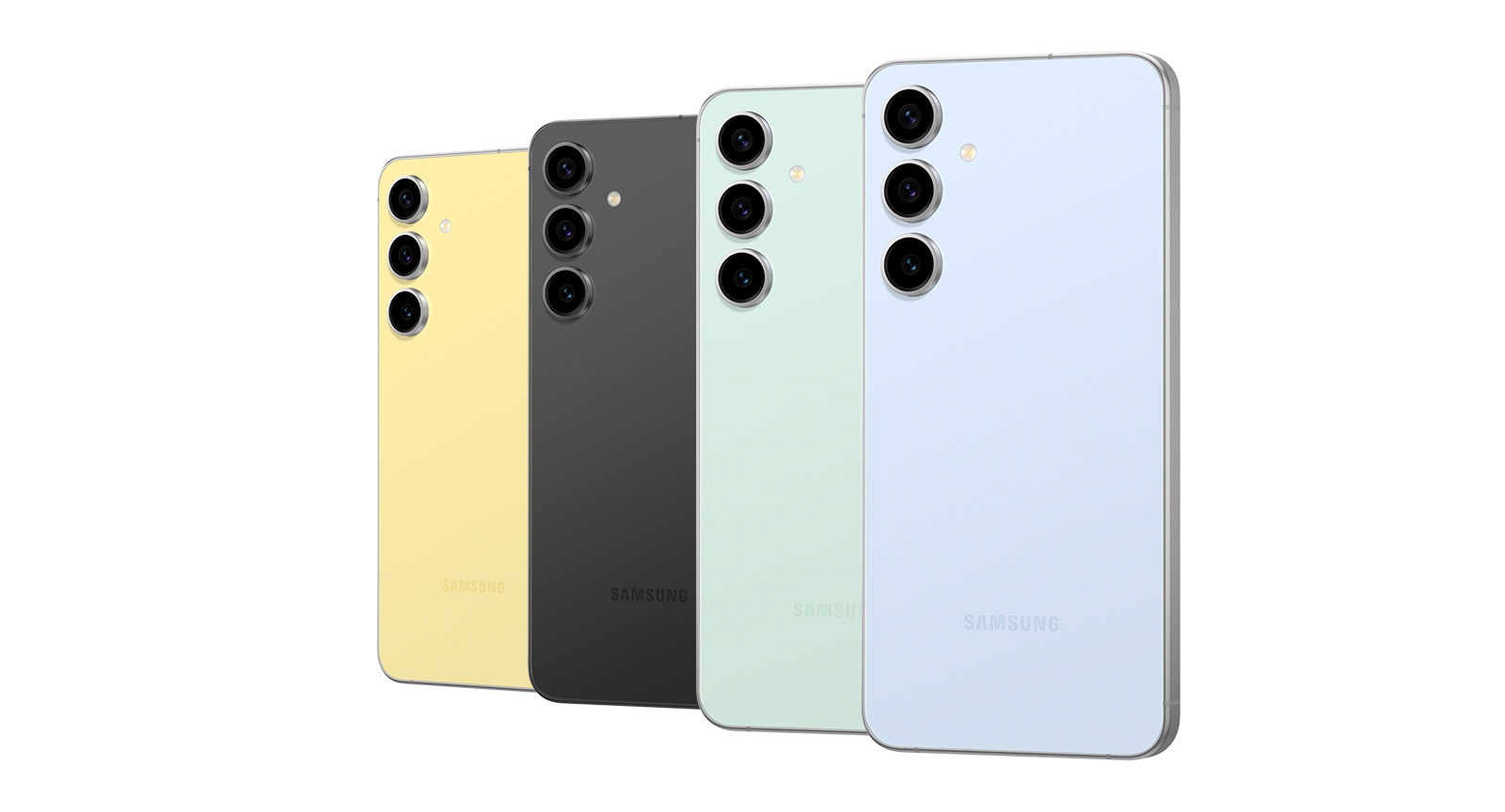 Cinci dispozitive Galaxy S24 FE stau înșirate, cu partea din spate îndreptată spre privitor. De la dreapta la stânga, culorile reprezentate sunt Blue, Mint, Graphite și Yellow.