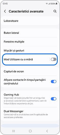 Atinge Mod Utilizare cu o mână în Caracteristici avansate