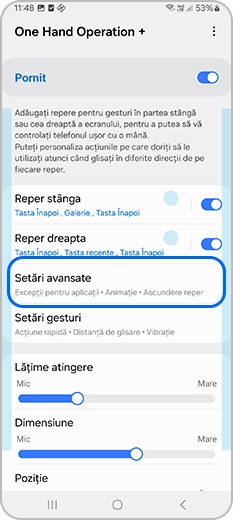 Atinge Setări avansate în aplicația One Hand Operation +