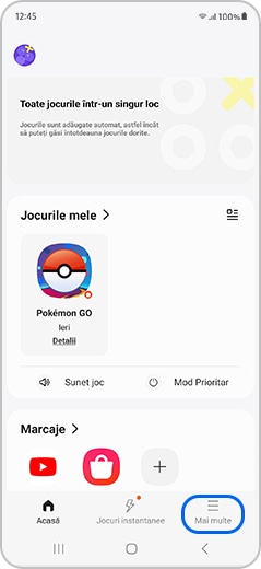 Mai multe opțiuni evidențiate în aplicația Gaming Hub