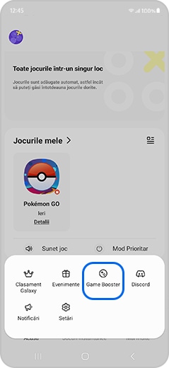Opțiunea Game Booster evidențiată în aplicația Gaming Hub