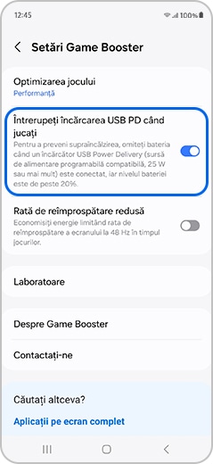 Opțiunea Pauză alimentare USB evidențiată în setările Game Booster