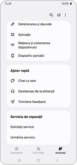 Secțiunea Ajutor rapid cu opțiuni disponibile.
