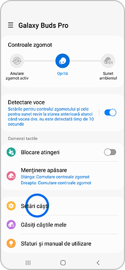 Opțiunea Setări căști selectată
