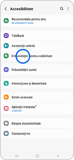 Meniul Accesibilitate de pe Samsung Galaxy, cu opțiunea Îmbunătățiri pentru vizibilitate evidențiată
