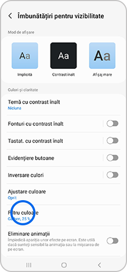 Meniul Îmbunătățiri pentru vizibilitate de pe Samsung Galaxy, cu opțiunea Filtru culoare evidențiată