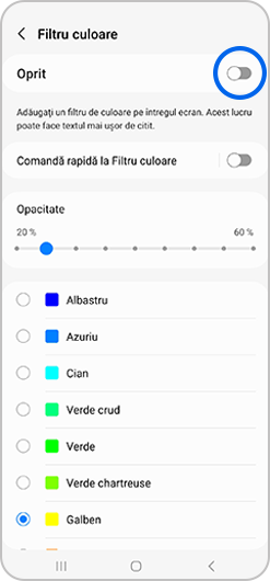 Meniul Filtru culoare de pe Samsung Galaxy, cu opțiunea Activat pornită, apoi butonul de comutare al opțiunii Oprit evidențiat
