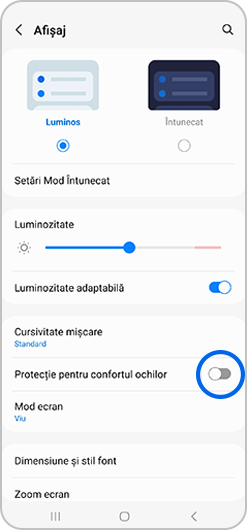 Meniul Afișaj de pe Samsung Galaxy, cu butonul de comutare Protecție pentru confortul ochilor evidențiat