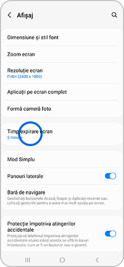 Meniul Afișaj de pe Samsung Galaxy, cu opțiunea Timp expirare ecran evidențiată