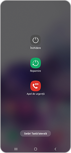 Ecran Samsung Galaxy care afișează pictogramele Închidere, Repornire și Apel de urgență