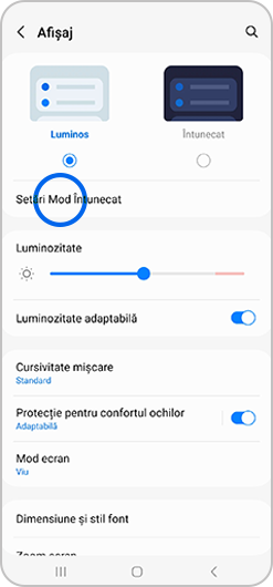Meniul Afișaj de pe Samsung Galaxy, cu opțiunea Setări Mod întunecat evidențiată