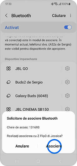 Atingeti OK in cadrul solicitarii de asociere prin Bluetooth