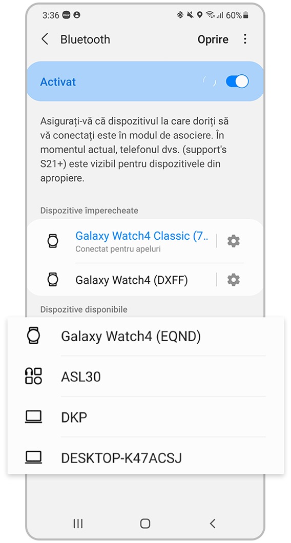 alegeți din dispozitivele împerecheate disponibile