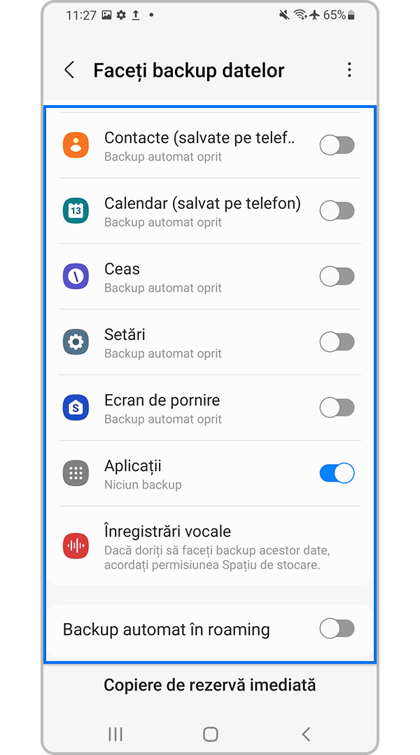 Selectează tipul de date pe care vrei să le încarci în Samsung Cloud